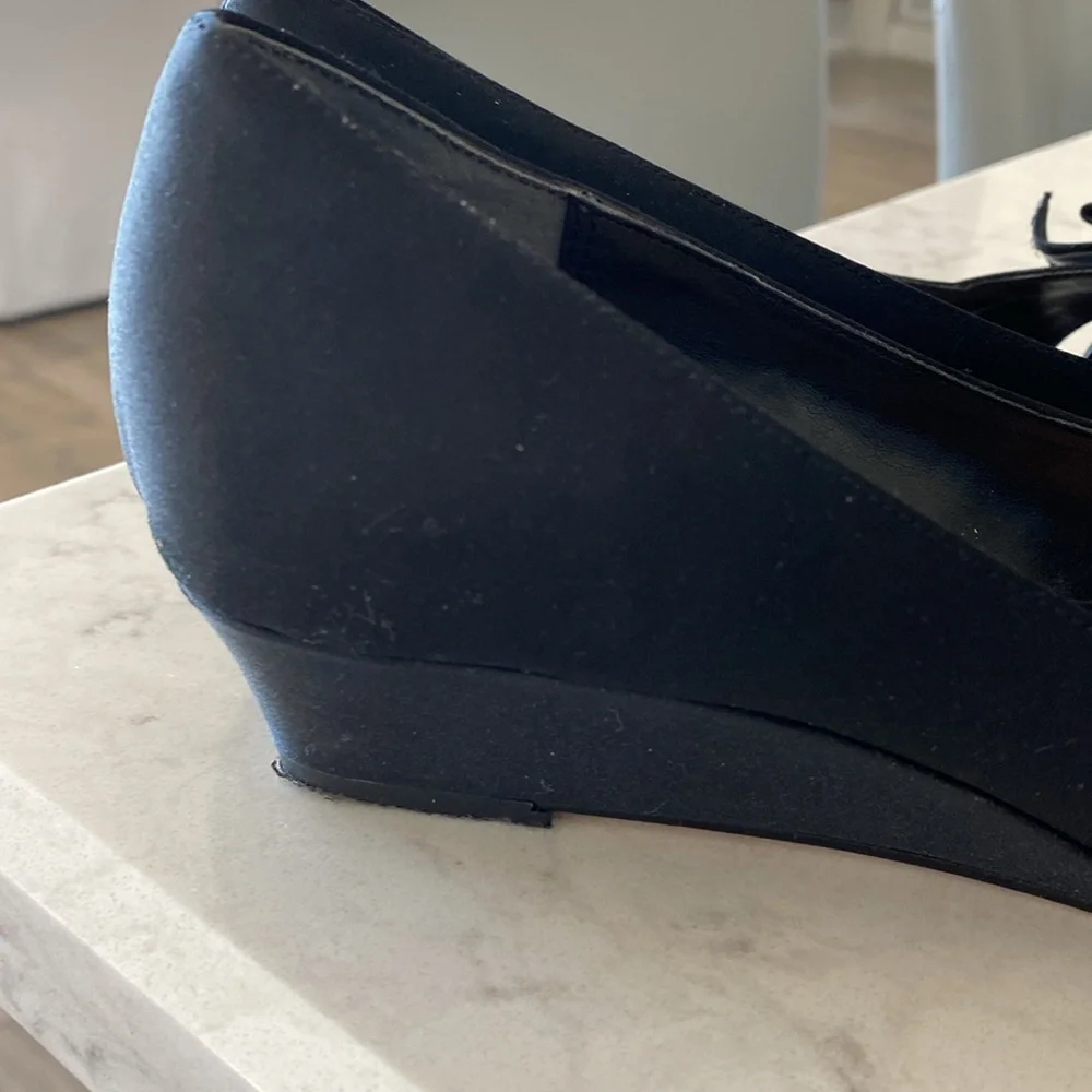 Nina Black Luster Satin Raiyana low wedge evening shoes